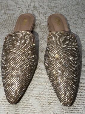 Chic by Lady Couture Crystal-Embellished Gold Slip-On Mules 36 / 5.5-6